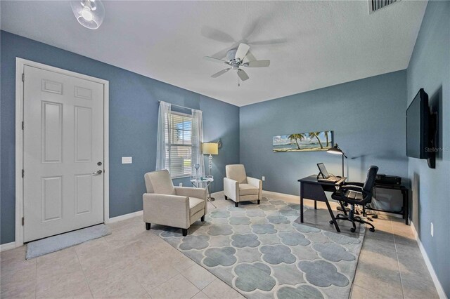 living area with a textured ceiling and ceiling fan