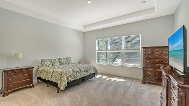 bedroom with light carpet and a raised ceiling