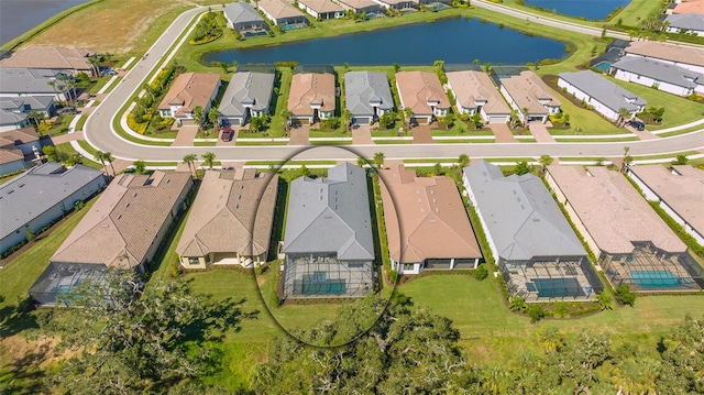 bird's eye view with a water view