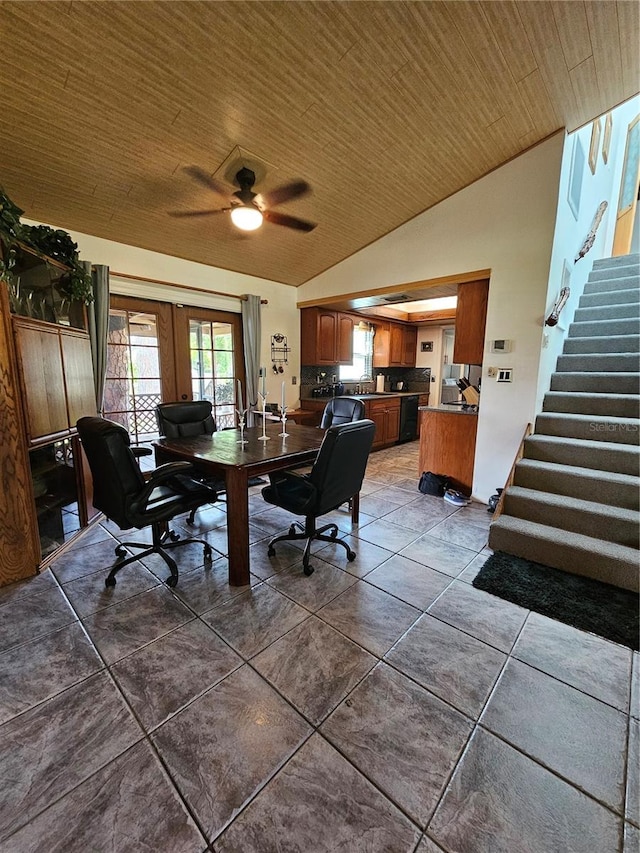 tiled office featuring wooden ceiling, a ceiling fan, french doors, and vaulted ceiling