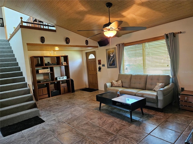 living room with lofted ceiling, ceiling fan, and wooden ceiling