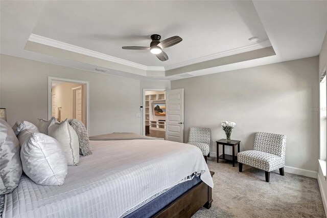 bedroom featuring a tray ceiling, ceiling fan, a spacious closet, and carpet floors