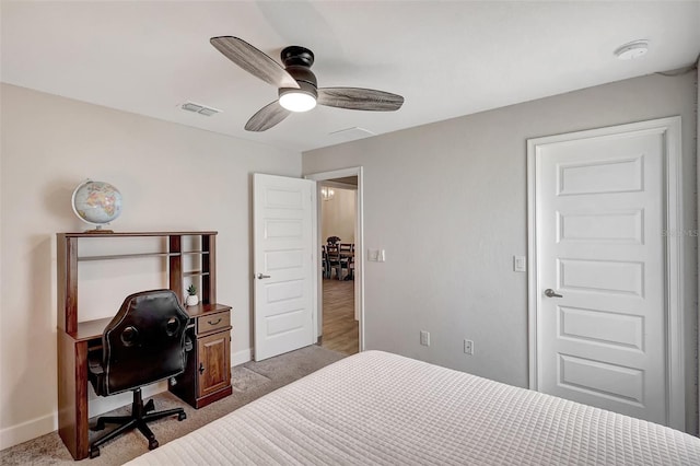 bedroom featuring ceiling fan and carpet floors