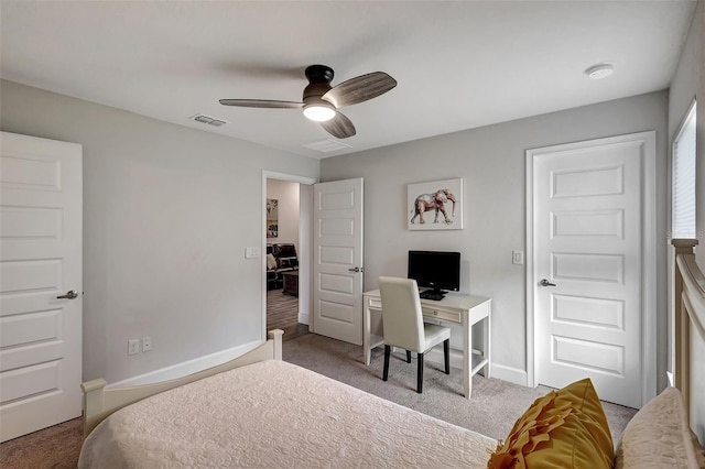 carpeted bedroom featuring ceiling fan