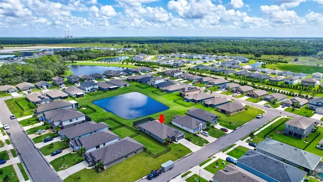 birds eye view of property with a water view and a residential view