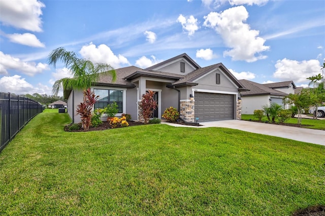 view of front facade featuring stucco siding, driveway, fence, a front yard, and a garage