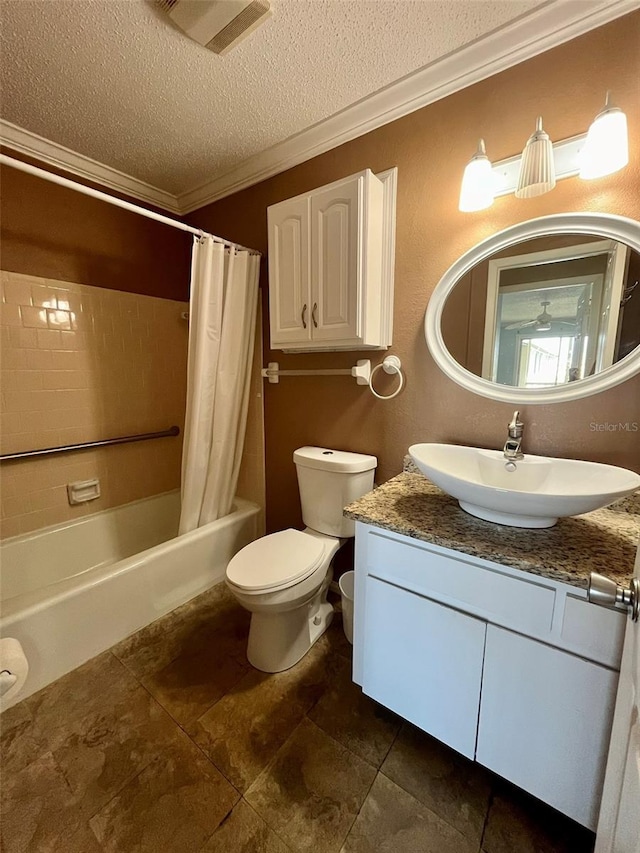 full bathroom featuring visible vents, toilet, ornamental molding, shower / tub combo, and a textured ceiling