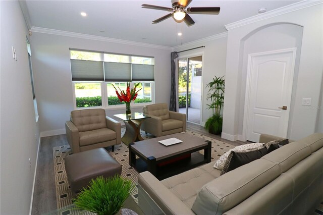 living room featuring a healthy amount of sunlight, ceiling fan, ornamental molding, and light hardwood / wood-style floors