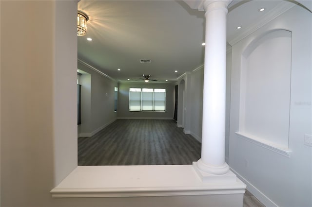 5107 Whispering Oaks Dr, North Port, FL 34287 - hall with visible vents, crown molding, baseboards, ornate columns, and recessed lighting