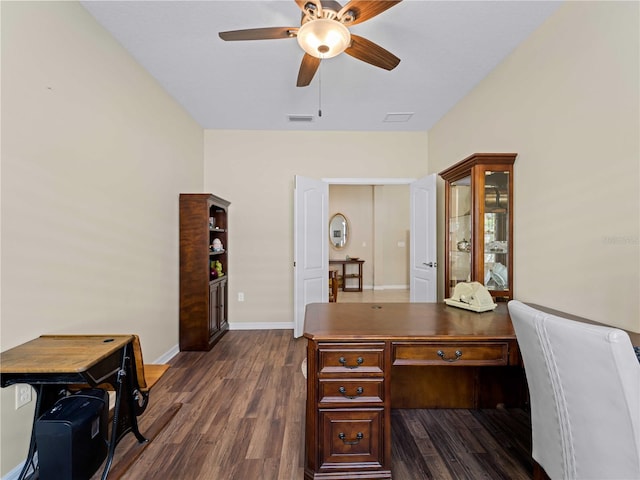 office with ceiling fan and dark hardwood / wood-style floors