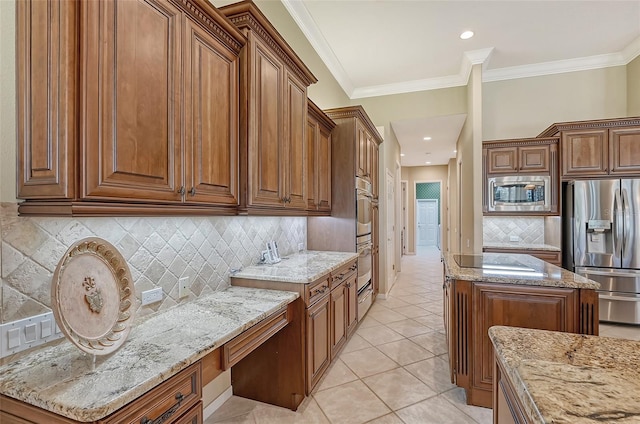 kitchen featuring ornamental molding, light tile patterned flooring, backsplash, light stone countertops, and stainless steel appliances