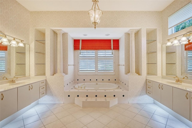 bathroom with tile patterned floors, built in features, and vanity