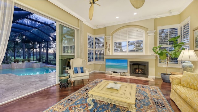 sunroom featuring a pool