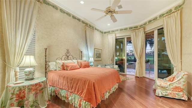 bedroom with access to outside, crown molding, hardwood / wood-style floors, and ceiling fan