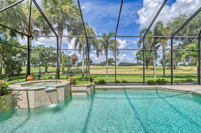 view of pool featuring an in ground hot tub and a lanai