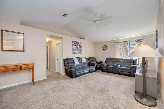 carpeted living room featuring lofted ceiling and ceiling fan