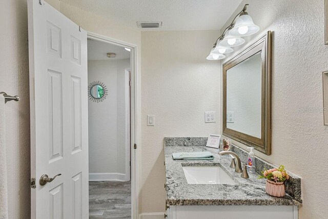 bathroom featuring vanity, wood-type flooring, and a textured ceiling