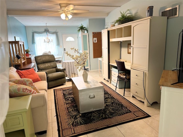 tiled living room featuring ceiling fan with notable chandelier