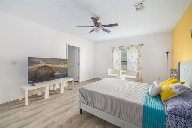 bedroom featuring ceiling fan and light wood-type flooring