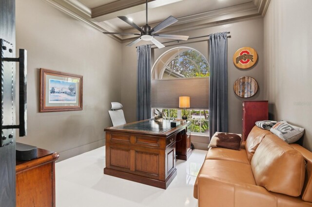 office space with ceiling fan, ornamental molding, beamed ceiling, and coffered ceiling