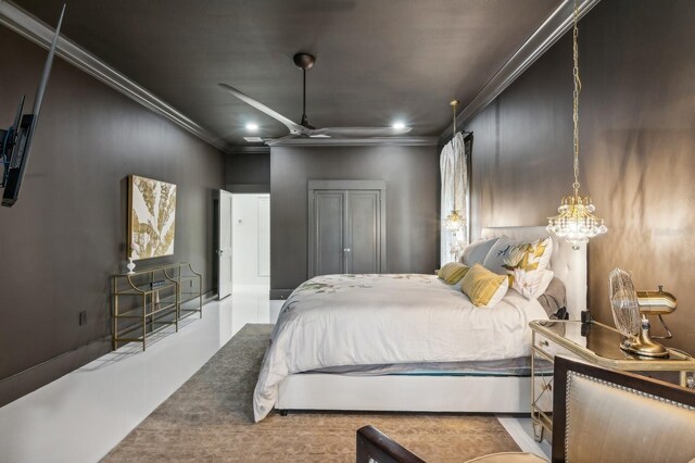 bedroom with ornamental molding and ceiling fan