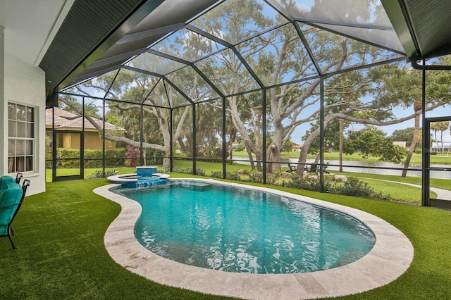 view of pool with a lanai, a hot tub, a lawn, and a patio