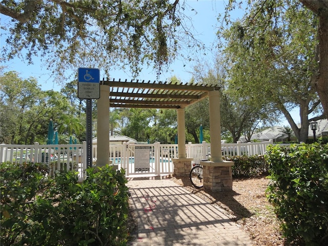 view of patio / terrace featuring a fenced in pool, fence, and a pergola