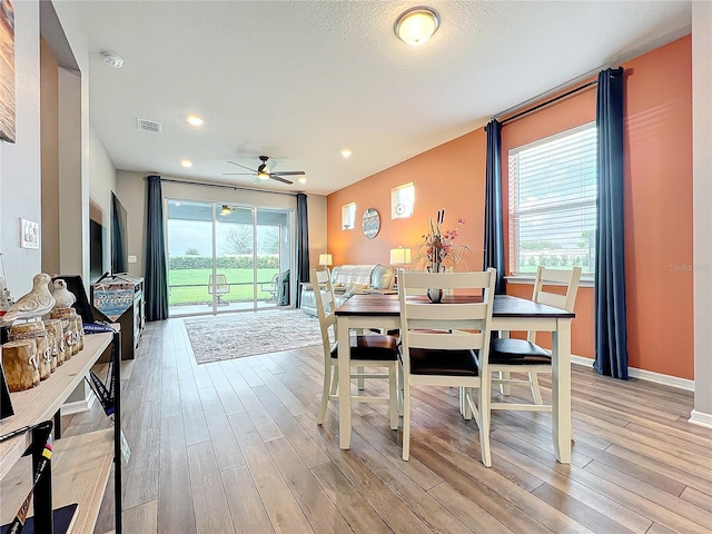 dining room featuring a healthy amount of sunlight, ceiling fan, and light hardwood / wood-style flooring