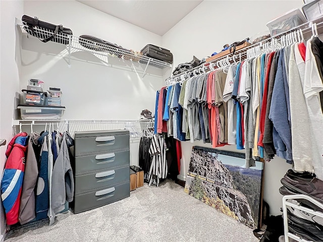 spacious closet featuring light colored carpet