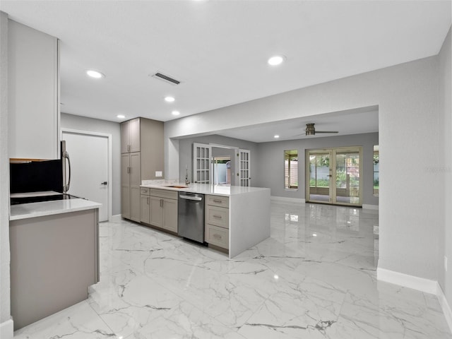 kitchen with ceiling fan, dishwasher, kitchen peninsula, gray cabinetry, and french doors