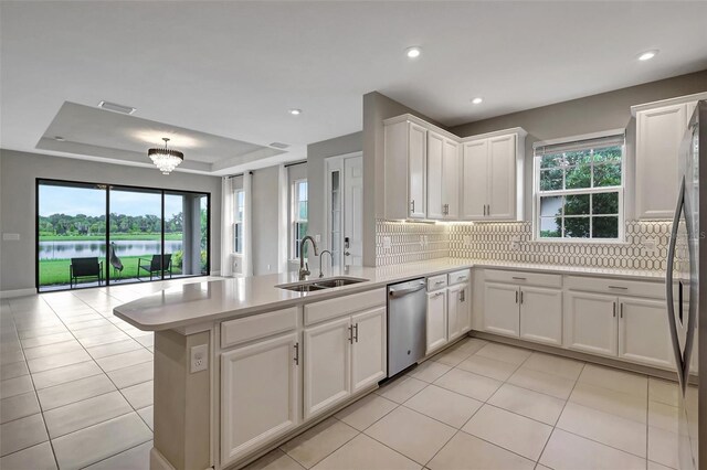 kitchen featuring appliances with stainless steel finishes, a raised ceiling, plenty of natural light, and sink