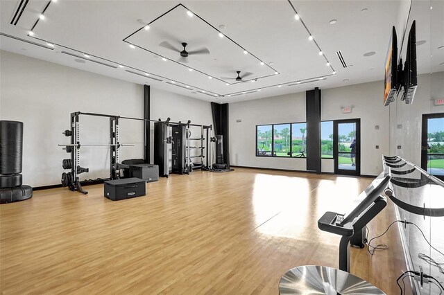 gym featuring ceiling fan and light hardwood / wood-style flooring