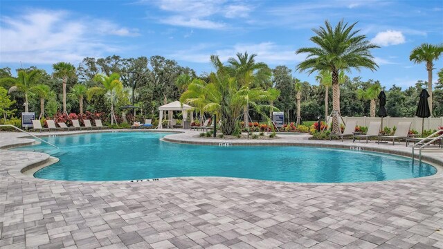 view of swimming pool with a gazebo and a patio area