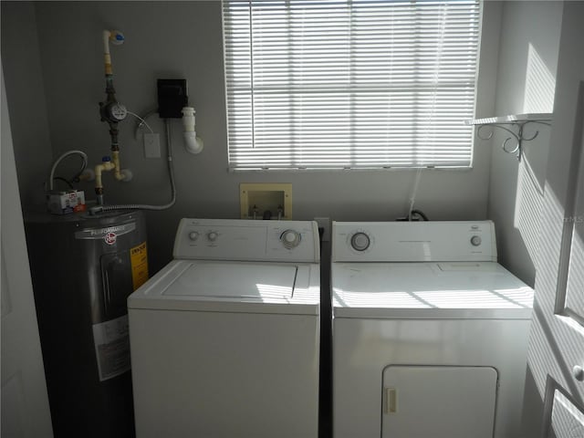 washroom featuring electric water heater and washer and clothes dryer