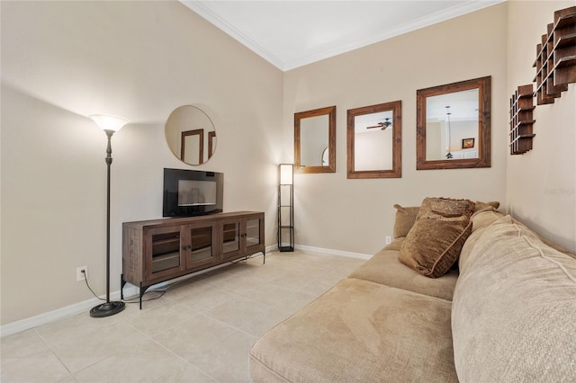 living room featuring ornamental molding and light tile patterned flooring