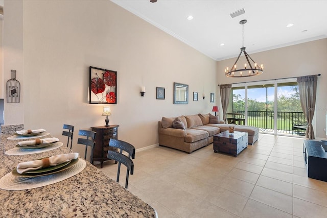 living area featuring light tile patterned floors, visible vents, baseboards, an inviting chandelier, and crown molding