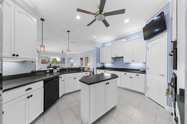 kitchen featuring kitchen peninsula, sink, black appliances, pendant lighting, and white cabinets