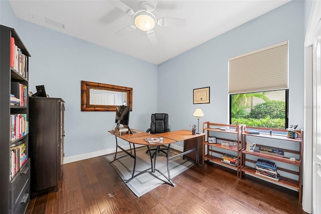 home office featuring ceiling fan and dark wood-type flooring