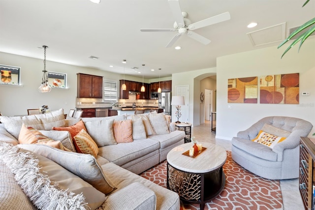 living room with ceiling fan