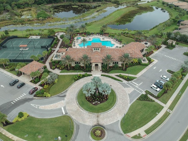 aerial view with a water view