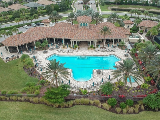 view of pool featuring a yard and a patio