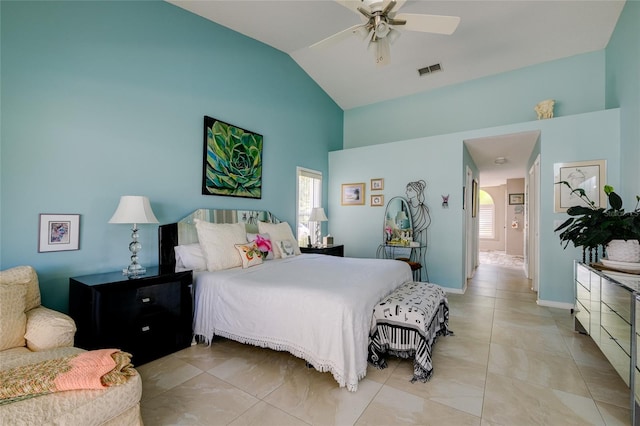 bedroom with vaulted ceiling and ceiling fan