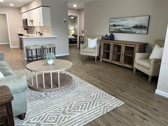 living room with hardwood / wood-style flooring and sink