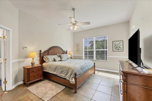 bedroom featuring tile patterned flooring and ceiling fan