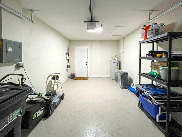 garage with electric panel and electric water heater