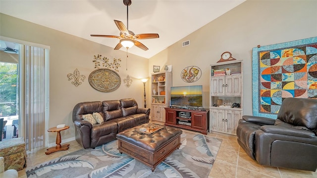 tiled living room featuring high vaulted ceiling and ceiling fan