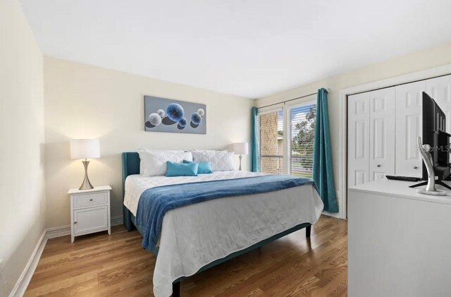 bedroom with wood-type flooring and a closet