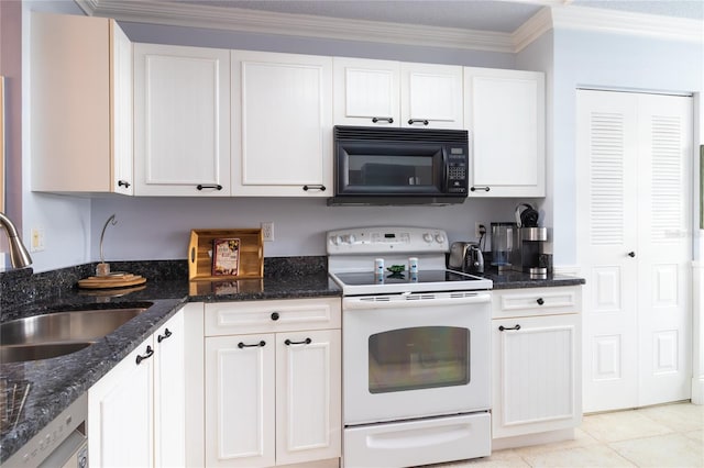 kitchen featuring white cabinets, white range with electric cooktop, sink, light tile patterned flooring, and ornamental molding