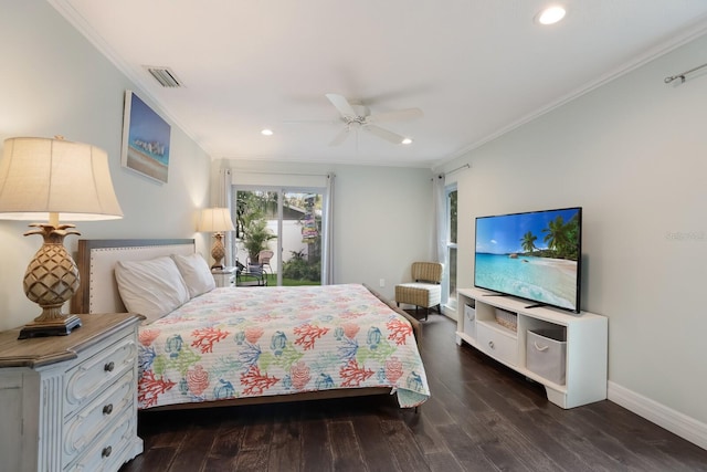 bedroom featuring crown molding, ceiling fan, and dark hardwood / wood-style flooring