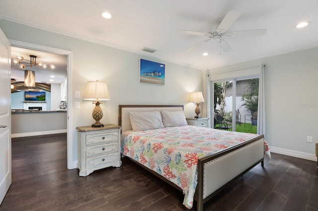 bedroom with crown molding, dark wood-type flooring, and ceiling fan